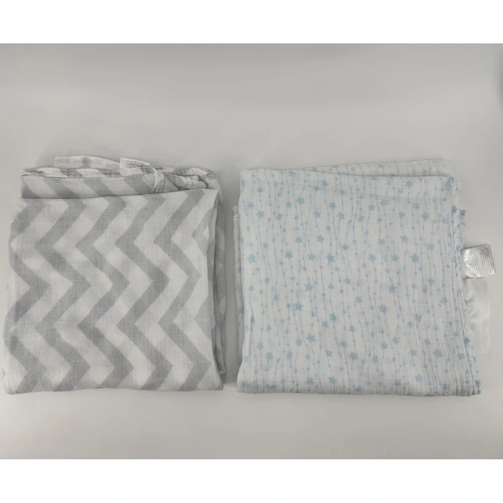 Comfy Cubs Muslin Swaddle Blankets 2 Pack Bamboo Cotton Chevron Stars Blue Grey